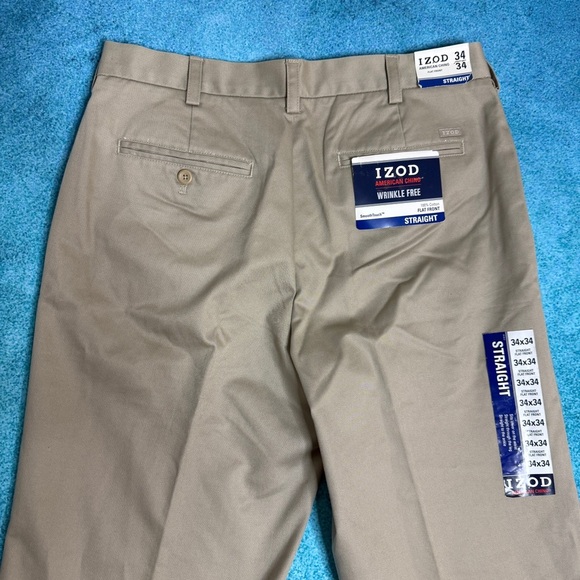 IZOD American Chino Pants Tan 34x34 Flat Front Straight Fit Wrinkle Free NWT - Picture 7 of 16